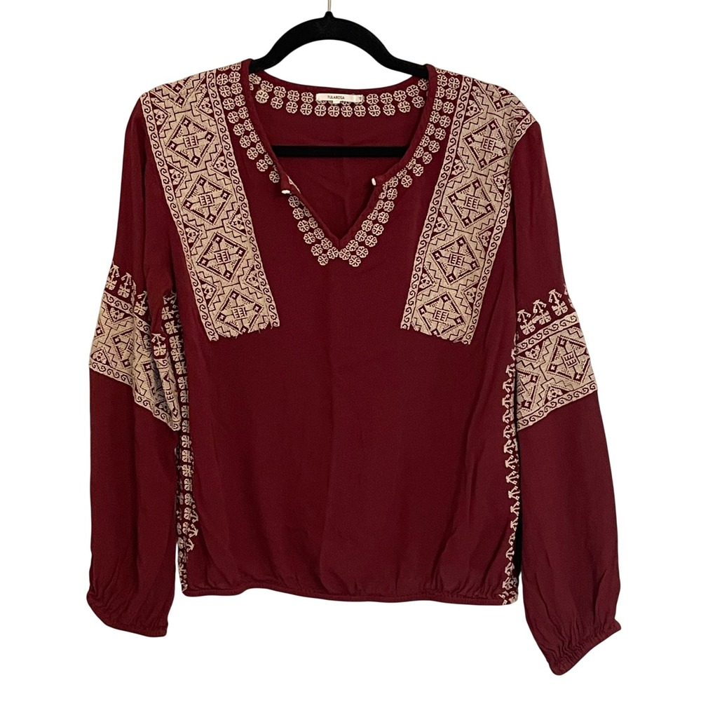 Tularosa Burgundy Embroidered Boho Blouse Split V-Neck Long Sleeve Small‎